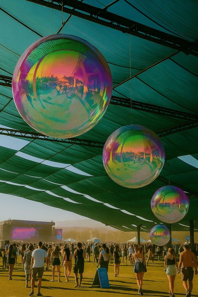 Vier glanzende iriserende bollen hangen aan het plafond van een festival zonder bomen, met een mensenmassa en een podium in de achtergrond.